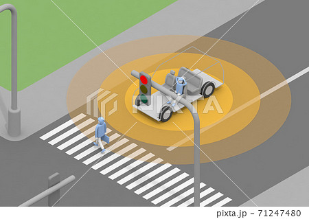 自動運転モードで走行する 歩行者を認識する 車が止まる 信号が赤なので止まる のイラスト素材