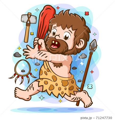 The primordial man running and holding the big wood to catch something 71247730