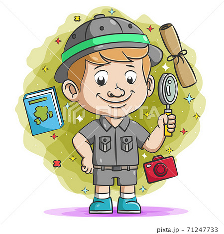 The scoutmaster holding the magnifying glass with the camera and the book around him The scoutmaster holding the magnifying glass with the camera and the book around him 71247733