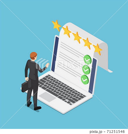 Isometric Businessman Standing with Online Survey Document Checklist from Laptop Screen 71251546