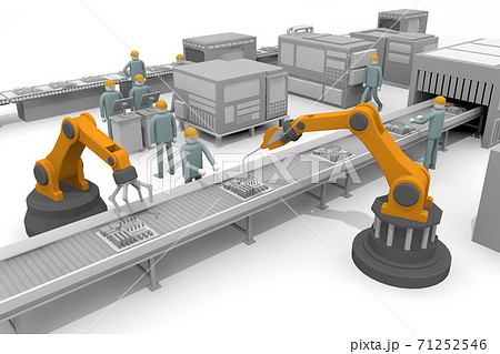 ベルトコンベアの流れ作業 工場で仕事をする ロボットを操作する人物 同僚と働く のイラスト素材