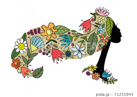 Pretty female face with floral hairstyle for your design 71255945