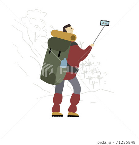 Hiker with backpack takes selfie in mountains. Hiker with backpack takes selfie in mountains. 71255949