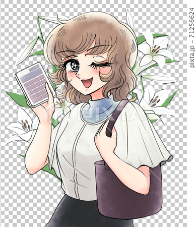 昭和レトロ少女漫画風 電卓を持って買い物するお姉さん 百合を背負うのイラスト素材