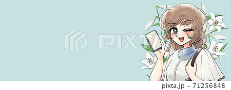昭和レトロ少女漫画風 スマホを持って買い物するお姉さん バナーのイラスト素材 昭和レトロ少女漫画風 スマホを持って買い物するお姉さん バナーのイラスト素材