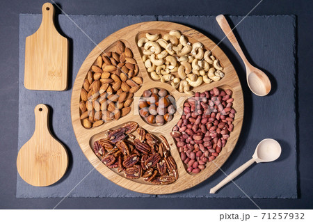 Mix of nuts: almonds, peanuts, pecans, cashew. top view flat lay Mix of nuts: almonds, peanuts, pecans, cashew. top view flat lay 71257932