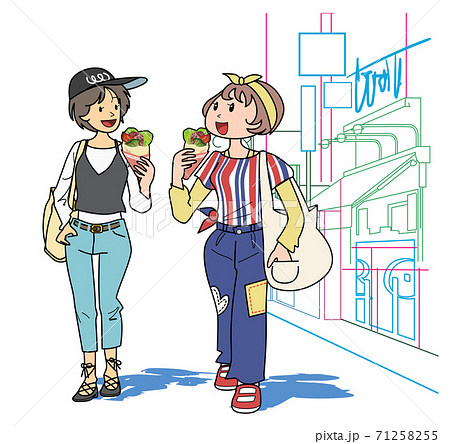 クレープを食べながら歩く女性2人組のイラスト素材