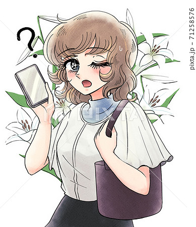 昭和レトロ少女漫画風 スマホを持って買い物するお姉さん 不明 疑問 花を背負うのイラスト素材