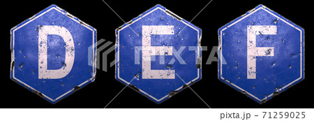 Set of public road signs in blue color with a capital white letter D, E, F in the center isolated on black background. 3d 71259025