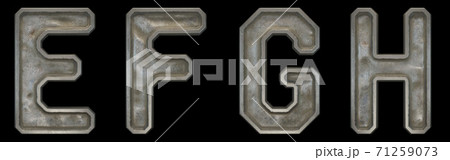 Set of capital letters E, F, G, H made of industrial metal isolated on black background. 3d 71259073