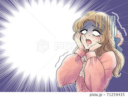 昭和レトロ少女漫画風 吹き出物にショックを受けて白目をむくお嬢さま 集中線のイラスト素材