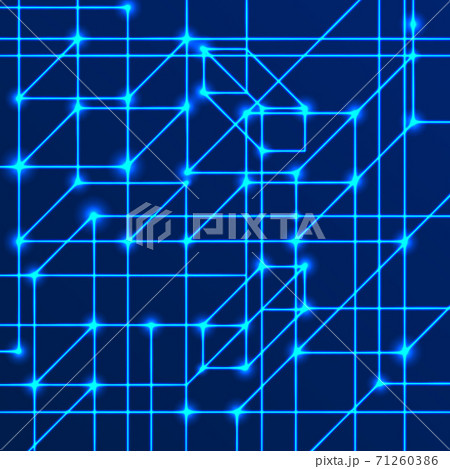 Vector background of bright neon lines with intersection nodes. Data transmission concept of networks and neural networks. Geometric pattern of squares of cubes and volumetric rectangles on a blue 71260386