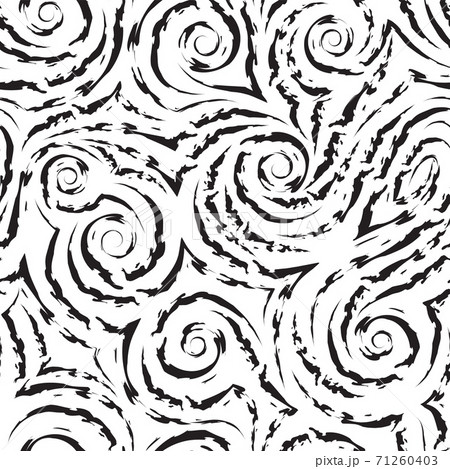 Vector seamless black texture in the form of spirals and curls of waves and splashes on a white background. Swirl or flow in the form of smooth lines with torn edges. Texture for fabric and paper 71260403