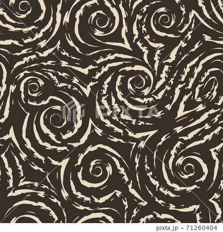 Vector seamless beige texture in the form of spirals and curls of waves and splashes on a brown background. Swirl or flow in the form of smooth lines with torn edges. Texture for fabric and paper 71260404