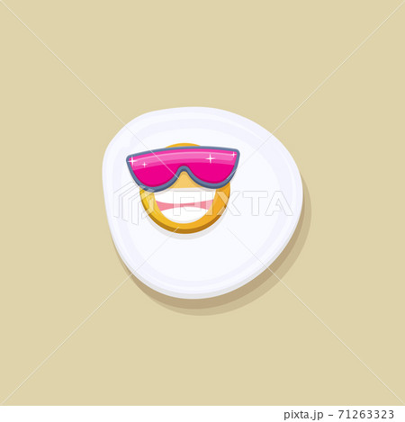vector funny cartoon fried egg character with sunglasses isolated on grey background. funky smiling morning food fried egg. Good morning concept 71263323