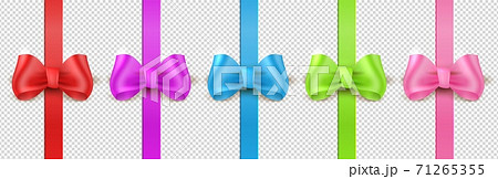 Gift ribbon bows. Realistic vertical elegant shiny satin knot. Red and blue present decoration, green and pink silk rope on transparent background. Vector birthday surprise wrap set 71265355