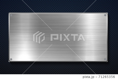 Metal banner. Realistic iron plate. Stainless steel board with silver shine and texture. Metallic surface secured with screws. Platinum blank place for text or logo, vector background 71265356
