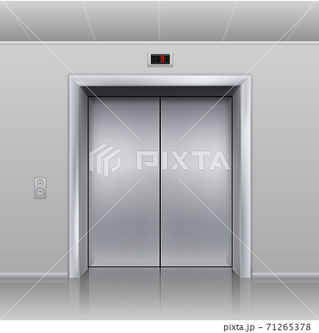 Realistic elevator. Closed metallic cabin doors. Hall interior, building office or hotel vestibule. Steel doorway, call buttons and display with floor indicator. Vector transportation 71265378