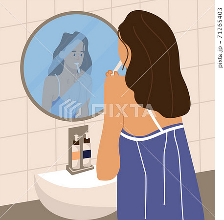 Woman brushing her teeth. Female standing in front of mirror. Morning and evening daily routines. Bathroom plumbing and furniture, home interior. Vector oral care flat illustration Woman brushing her teeth. Female standing in front of mirror. Morning and evening daily routines. Bathroom plumbing and furniture, home interior. Vector oral care flat illustration 71265403