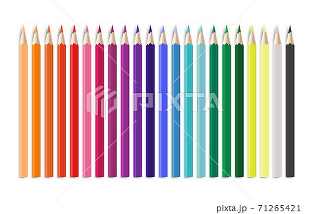 Realistic colorful pencil. Office or school items arranged in line by colors, bright rainbow creative childish wooden tools, stationery for painting and arts vector isolated illustration 71265421