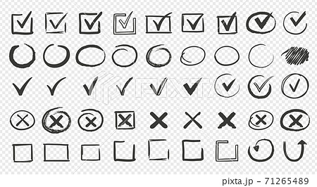 Hand drawn check signs. Doodle empty and filled boxes for answers in test. Checkmarks and crosses, confirmation or negation icons. Checklist marks template, vector voting isolated set 71265489