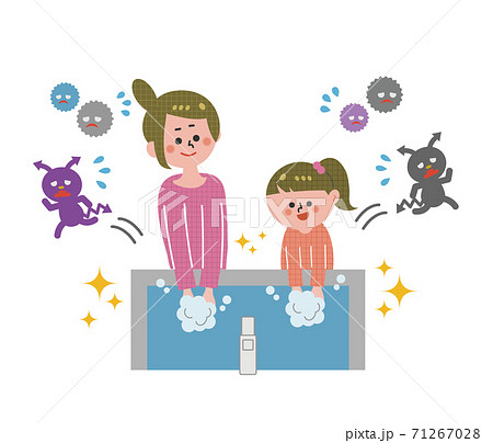 手を洗う親子と逃げるウイルス 手を洗う親子と逃げるウイルス 71267028