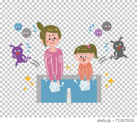 手を洗う親子と逃げるウイルス 手を洗う親子と逃げるウイルス 71267028