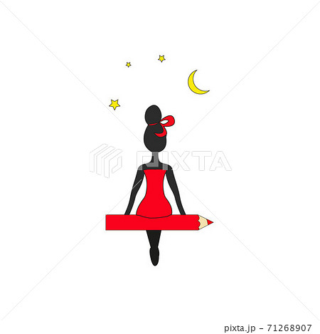 The girl is sitting on the pen look at the moon and stars. Girl sitting on a pen and waving her hand, concept of hi and goodbye, illustration in flat design isolated on white background 71268907