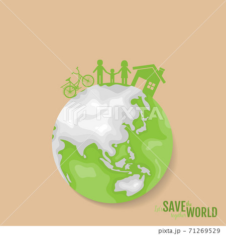 Ecology concept. Paper cut of family on green background. Vector illustration 71269529