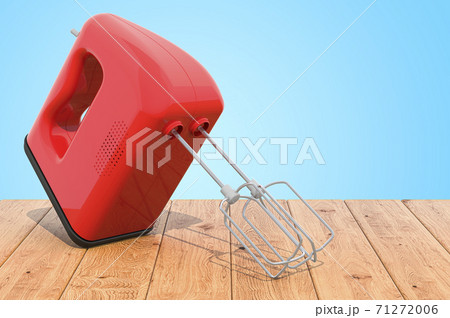 Hand kitchen mixer on the wooden planks, 3D rendering 71272006