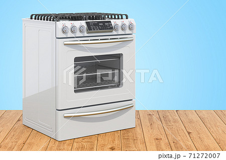 Gas range with oven on the wooden planks, 3D rendering 71272007