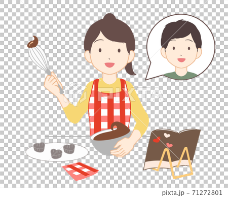 バレンタインチョコを作る 女性 男性吹き出し(線無し)のイラスト バレンタインチョコを作る 女性 男性吹き出し(線無し)のイラスト