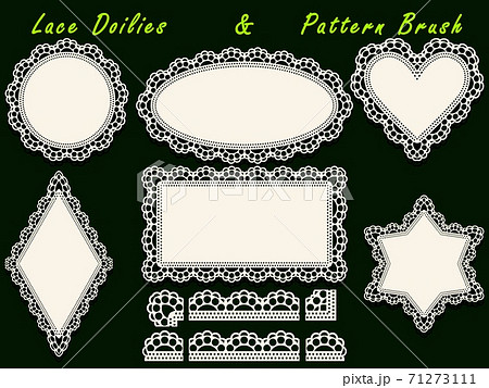 Set of design elements, lace paper doily and pattern brush, template for cutting, greeting element, laser cut. Set of design elements, lace paper doily and pattern brush, template for cutting, greeting element, laser cut. 71273111