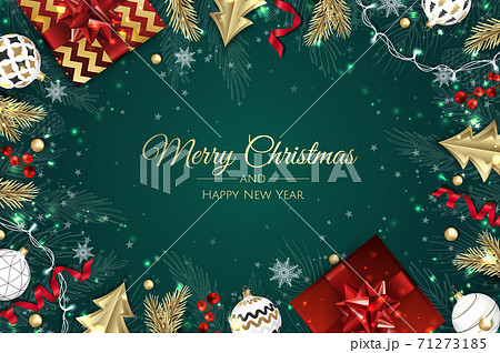 Christmas vector background. Creative design greeting card, banner, poster. Top view xmas decoration balls and snowflakes. 71273185