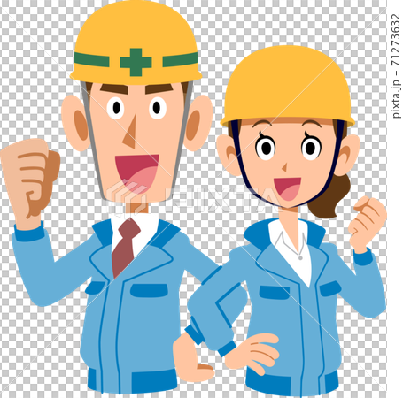 男人和女人的上身穿著藍色工作服和膽量背靠背擺姿勢 71273632