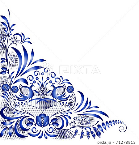 Corner blue pattern with birds and flowers in the style of national painting on porcelain. Decorative floral angle design element for cards, invitations, pages and ads. 71273915