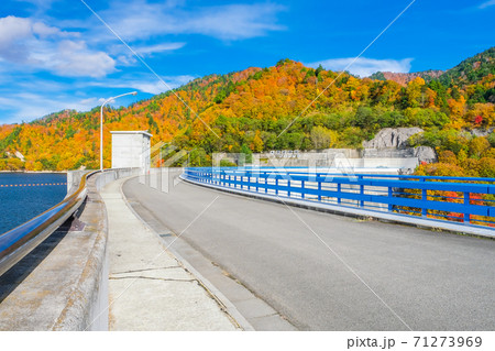 秋の矢木沢ダムと紅葉の山 71273969