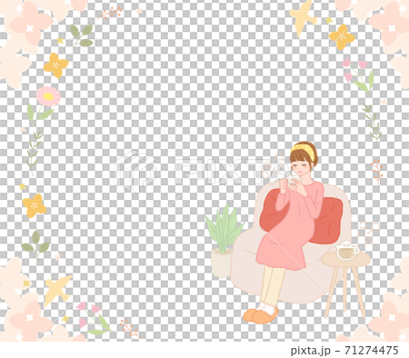 Woman drinking hot drink and flower frame 71274475