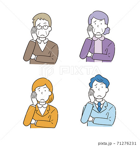 悩んで考える手描き風男性女性のイラストセットのイラスト素材