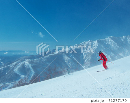 白馬八方尾根スキー場　地吹雪煙るうさぎ平ゲレンデより遠見尾根を望む 71277179