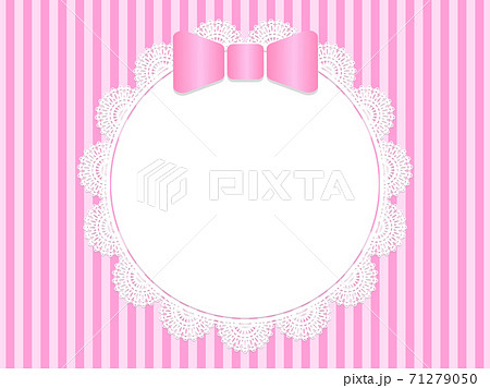 ピンクのリボンと円形レースのフレームのイラスト素材