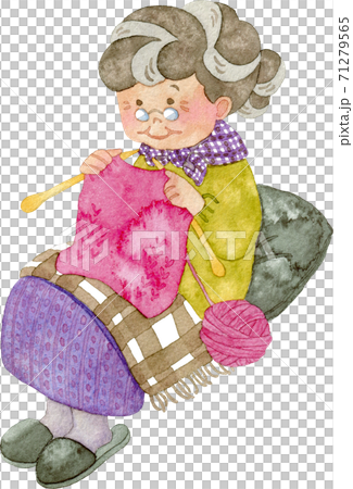 編み物をするおばあさん(全身)の水彩イラストのイラスト素材 [71279565 ..., 画像サイズ:324x450