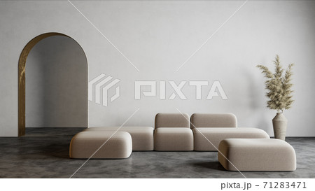 Modern white minimalist interior with arch, concrete floor, sofa and decor. 3d render illustration mock up. 71283471
