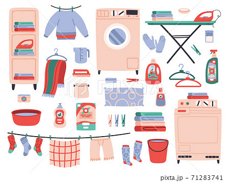 Home laundry. Clean laundry clothes, washing machine, household chemistry cleaning, ironing board and washing powder vector illustration set Home laundry. Clean laundry clothes, washing machine, household chemistry cleaning, ironing board and washing powder vector illustration set 71283741