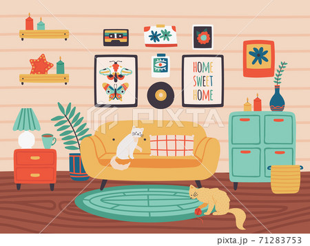 Comfy living room. Cozy stylish interior in hygge style, home decorations, living room with sofa, shelf and pictures on wall vector illustration 71283753