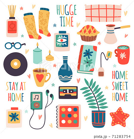 Hygge scandinavian doodle elements. Home accessories, house plant, tea mug, pillow and book, cozy interior elements vector illustration set Hygge scandinavian doodle elements. Home accessories, house plant, tea mug, pillow and book, cozy interior elements vector illustration set 71283754
