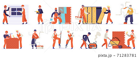 Building construction workers. Professional engineers, builders, mason, carpenter and handyman working. Technician workers vector illustration set Building construction workers. Professional engineers, builders, mason, carpenter and handyman working. Technician workers vector illustration set 71283781