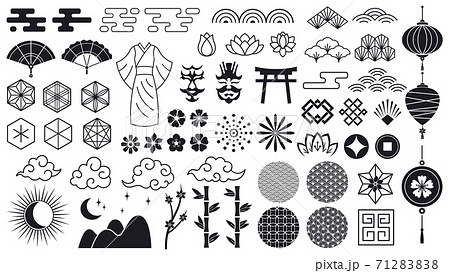 Asian oriental elements. Japanese or chinese flowers, ornaments, clouds and lanterns, asian traditional icons. Oriental culture vector symbols 71283838