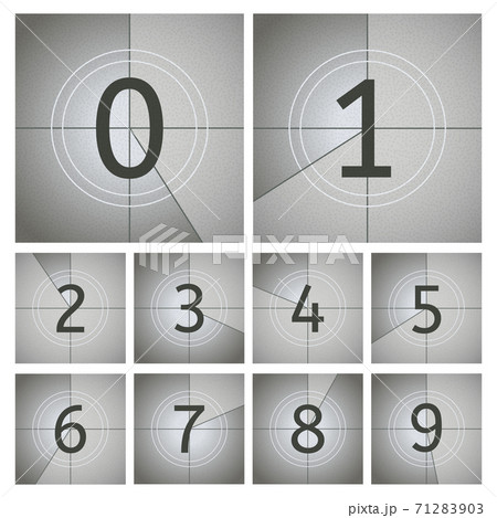 Movie count timer. Vintage cinema countdown frames, old movie timer frames from 0 to 9 numbers. Movie intro counting vector illustration set Movie count timer. Vintage cinema countdown frames, old movie timer frames from 0 to 9 numbers. Movie intro counting vector illustration set 71283903