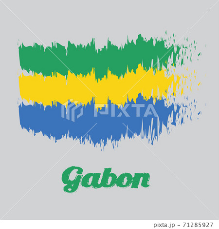 Brush style color flag of Gabon, A horizontal triband of green, gold and blue. with name text Gabon.